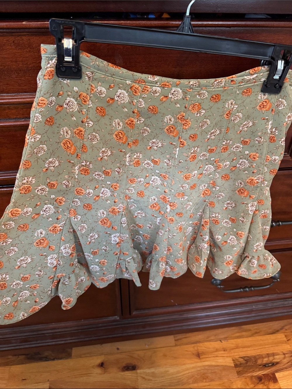 Floral Ruffle Hem Skirt - Green with Orange & Cream Flowers